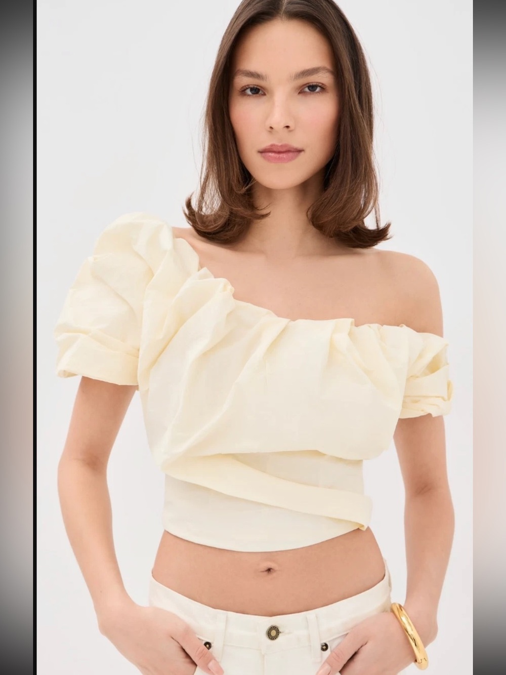 Paris Georgia Rio Blouse Asymmetrical Bodice Bone Ivory Medium Ruched Chic Top